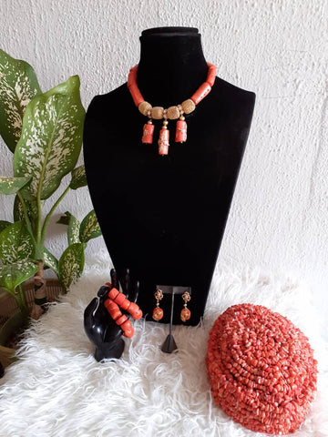 Original Coral Beads with Coral Bead Hat for Woman
